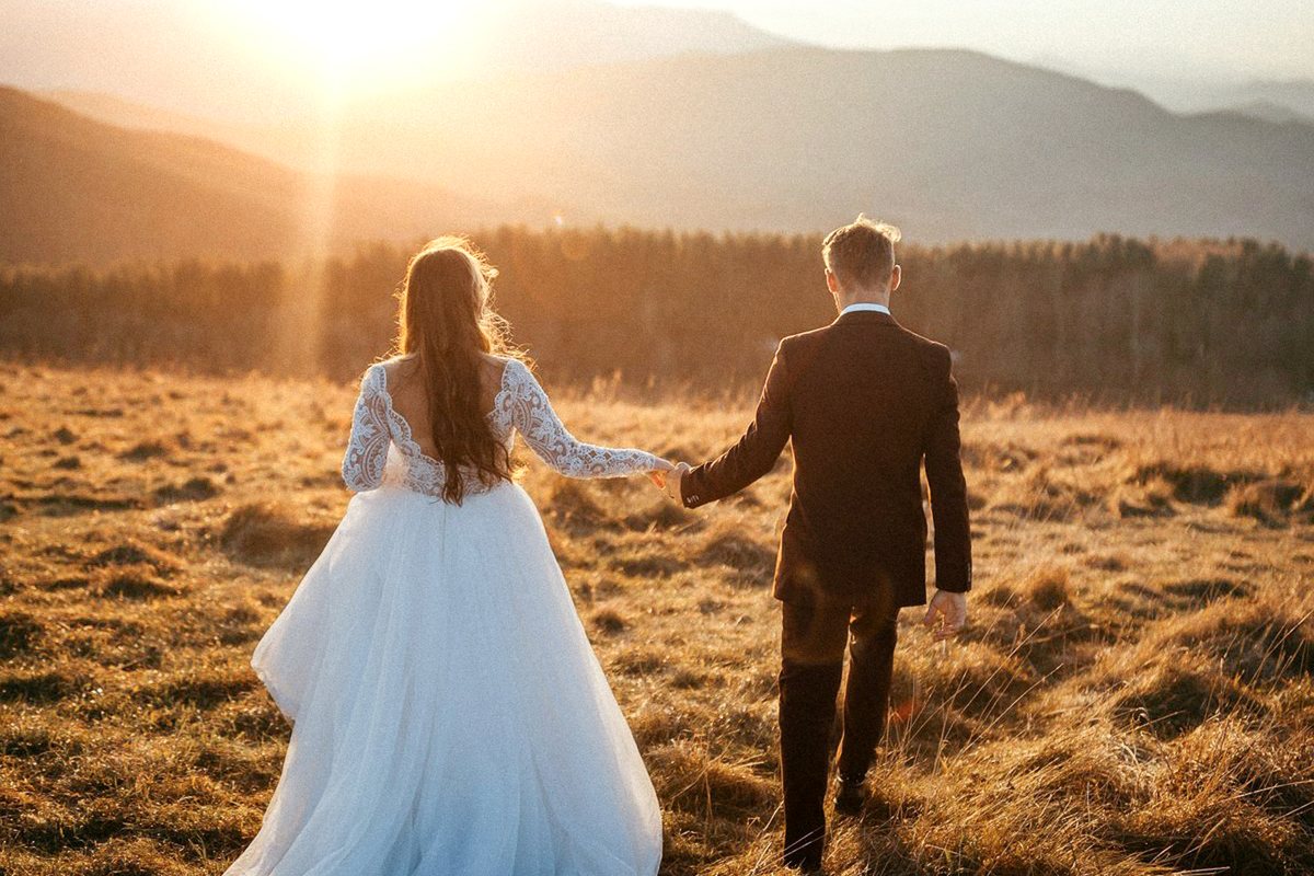 A backlit wedding portrait, finished in the Portra 400 look